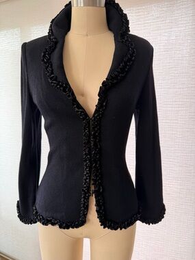 St. John Evening Black Knit Jacket w/ Ruffle Trim | Size 2 | Made in USA